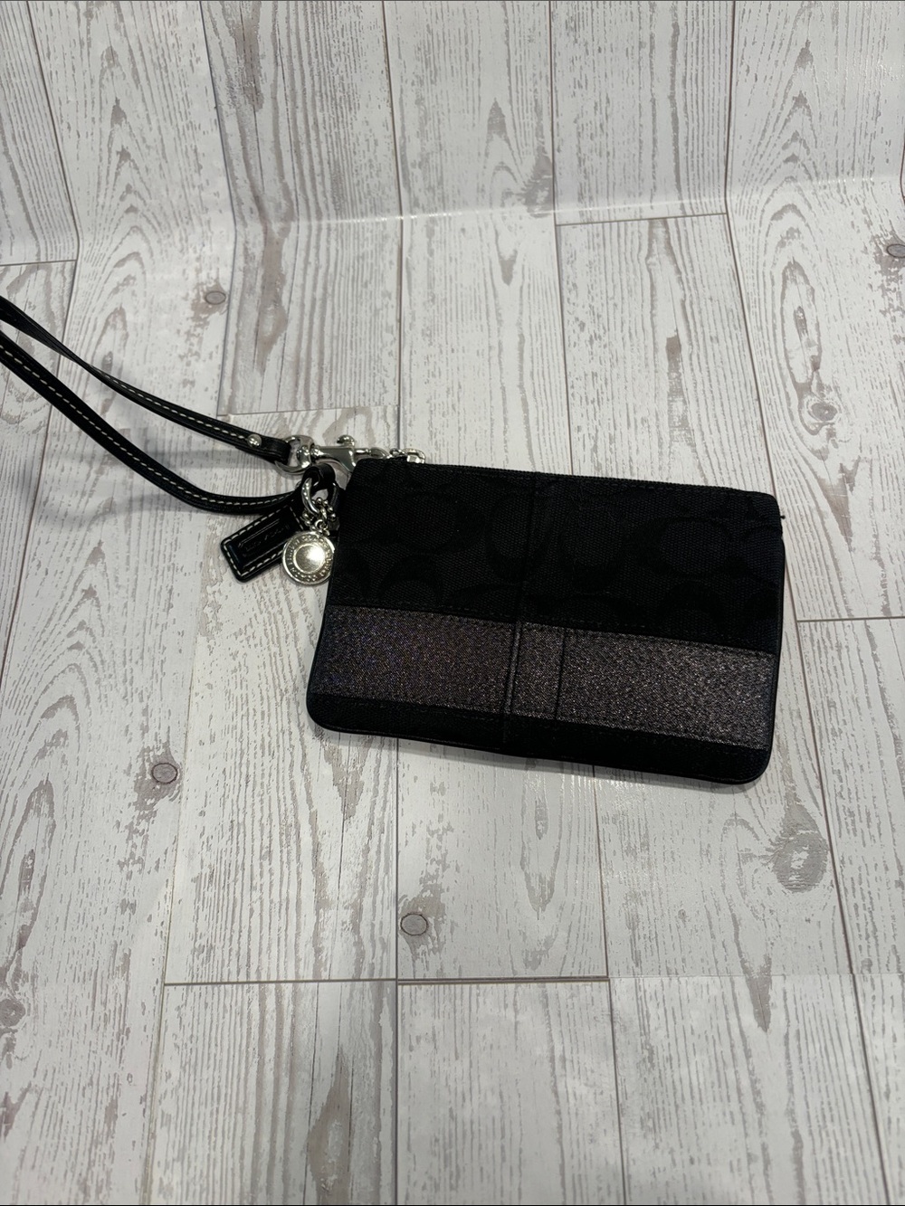 Vintage Coach Black Signature C Wristlet with Silver Shimmer Stripe